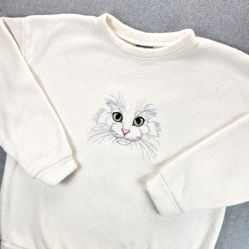 One Way Graphique Cat Sweatshirt Womens Medium Cream Embroidered Vintage 90s USA